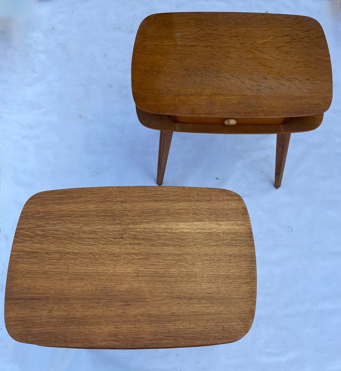 1950′ Pair Of Oak Bedside Tables Ovoid Shape Design 55 X 36 Xh 59 Cm-photo-2