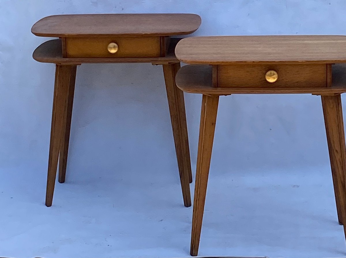 1950′ Pair Of Oak Bedside Tables Ovoid Shape Design 55 X 36 Xh 59 Cm-photo-3