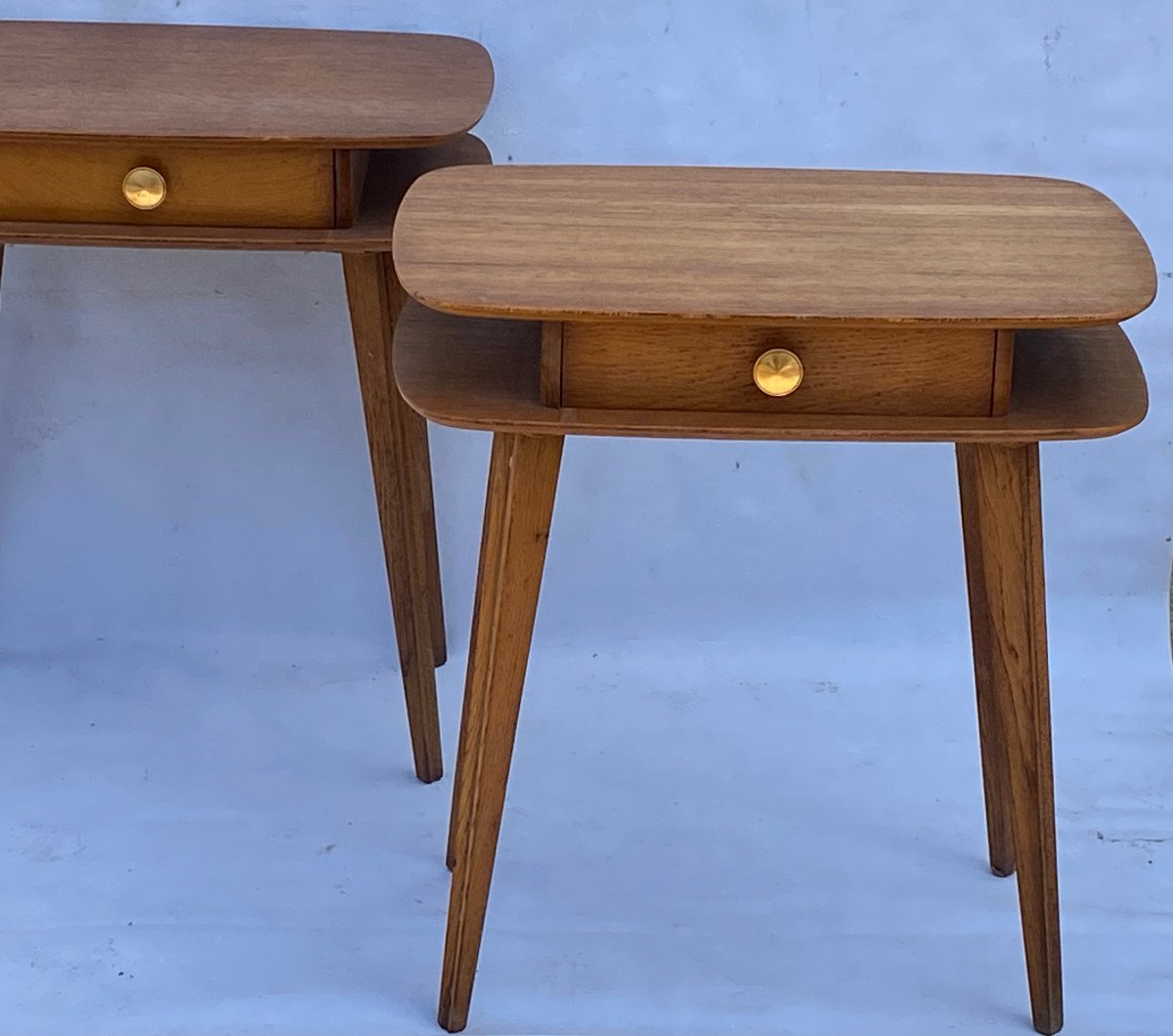 1950′ Pair Of Oak Bedside Tables Ovoid Shape Design 55 X 36 Xh 59 Cm-photo-4