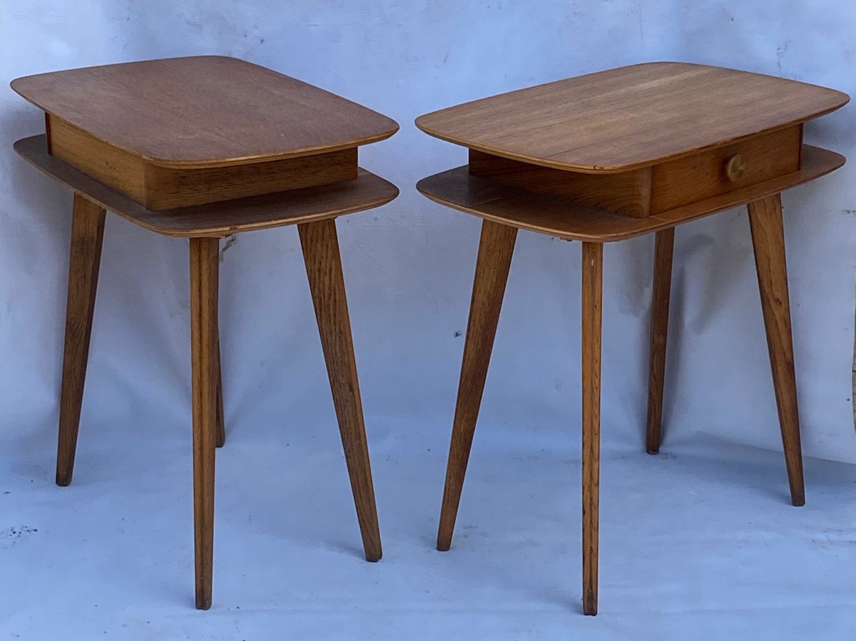 1950′ Pair Of Oak Bedside Tables Ovoid Shape Design 55 X 36 Xh 59 Cm-photo-4