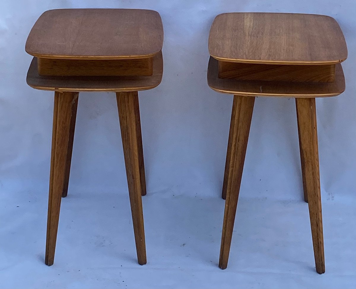 1950′ Pair Of Oak Bedside Tables Ovoid Shape Design 55 X 36 Xh 59 Cm-photo-5
