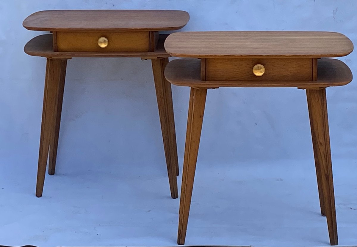 1950′ Pair Of Oak Bedside Tables Ovoid Shape Design 55 X 36 Xh 59 Cm