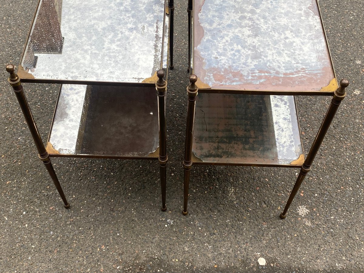 1950/70′ Paire De Tables Maison Jansen En Bronze Patiné, Plateaux Miroirs Vintage 63x33 X H 61-photo-3