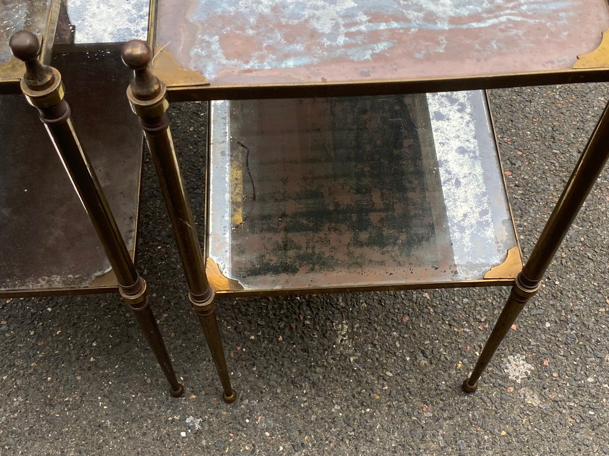 1950/70′ Paire De Tables Maison Jansen En Bronze Patiné, Plateaux Miroirs Vintage 63x33 X H 61-photo-7