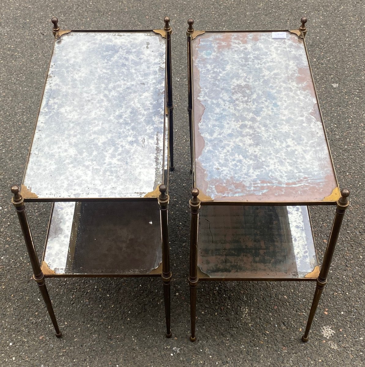 1950/70′ Paire De Tables Maison Jansen En Bronze Patiné, Plateaux Miroirs Vintage 63x33 X H 61