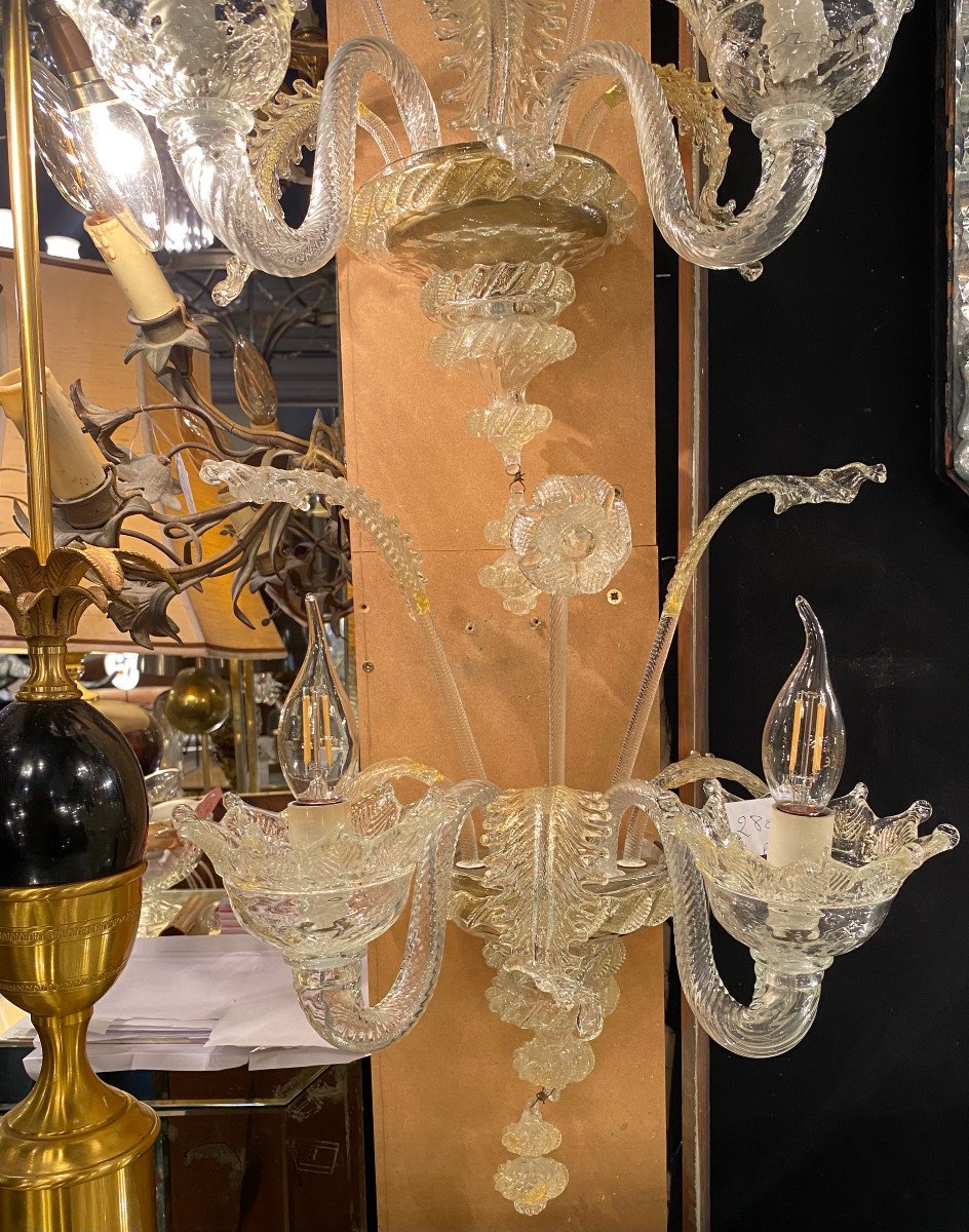 1950/70′ Pair Of 2-arm Sconces In Murano Crystal With Gold Flakes 45 Hx 38 X 20 Cm-photo-3