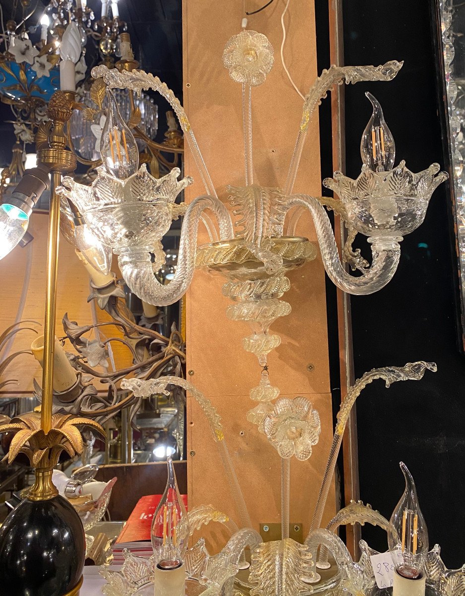 1950/70′ Paire D’appliques à 2 Bras En Cristal De Murano Avec Paillons D’or 45 H X 38 X 20 Cm-photo-4