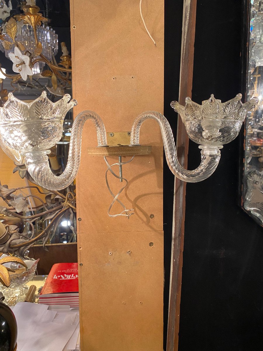 1950/70′ Pair Of 2-arm Sconces In Murano Crystal With Gold Flakes 45 Hx 38 X 20 Cm-photo-1