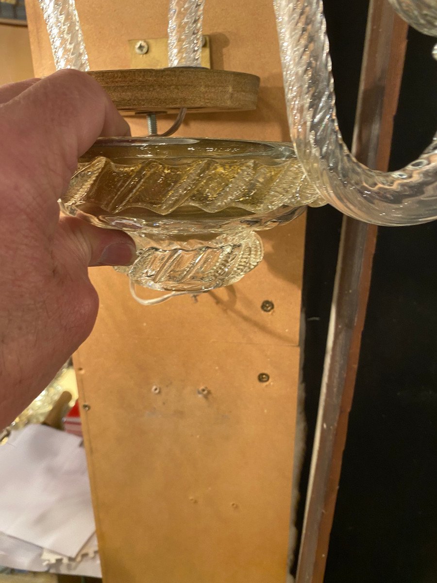 1950/70′ Paire D’appliques à 2 Bras En Cristal De Murano Avec Paillons D’or 45 H X 38 X 20 Cm-photo-2