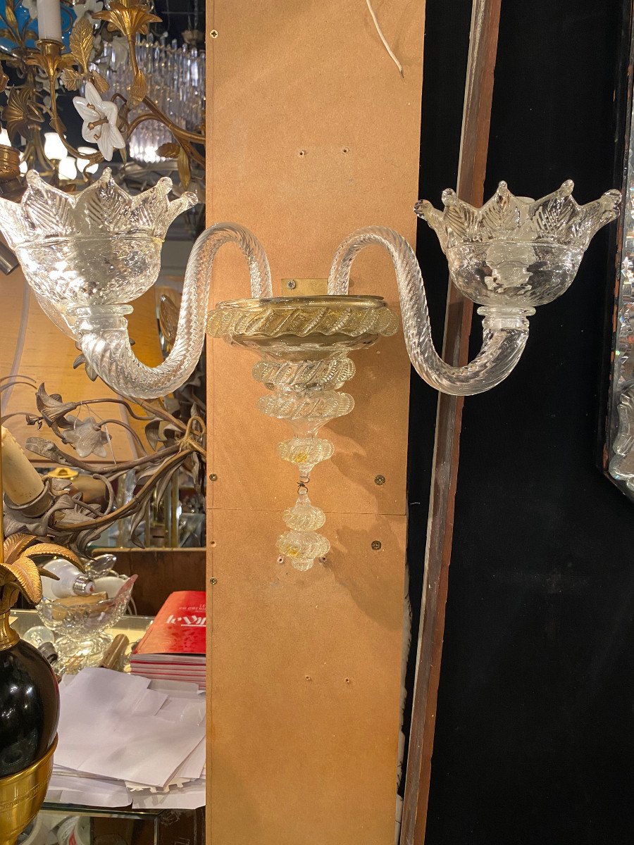 1950/70′ Pair Of 2-arm Sconces In Murano Crystal With Gold Flakes 45 Hx 38 X 20 Cm-photo-3