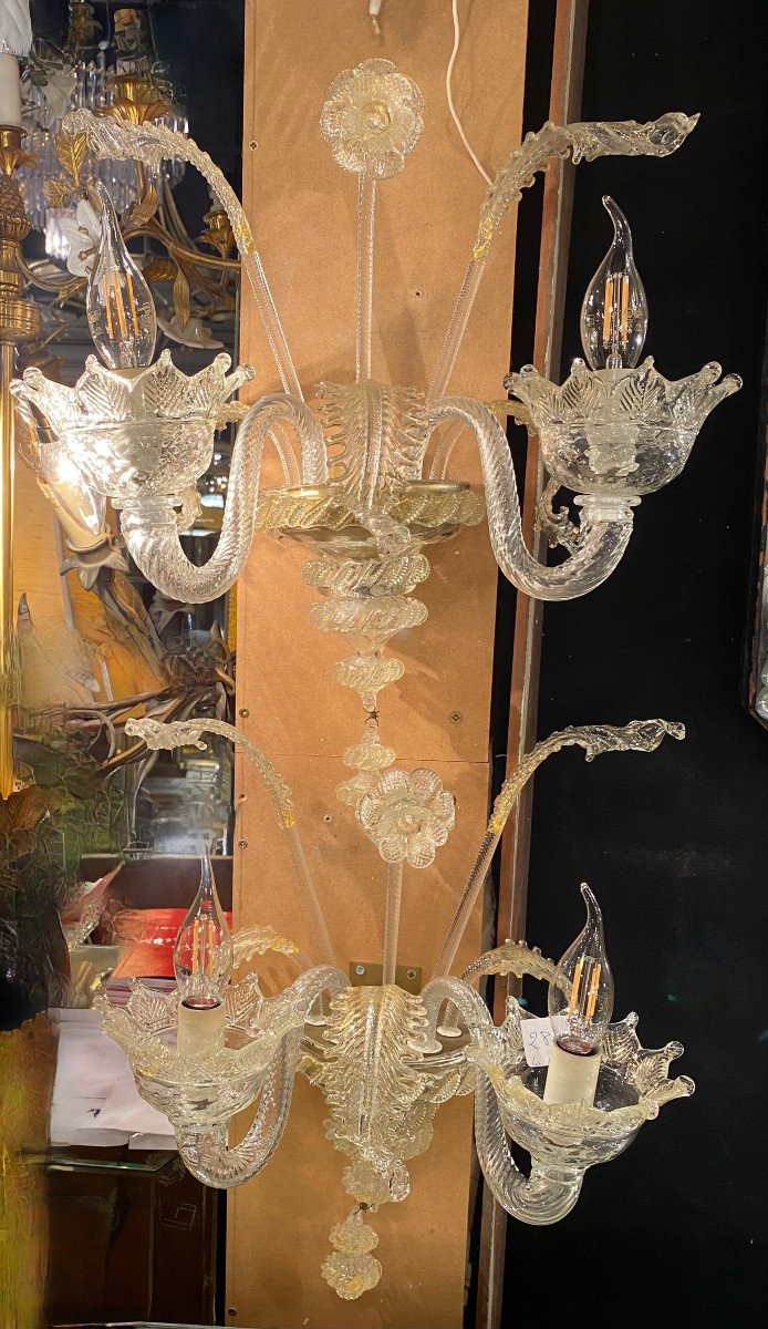 1950/70′ Pair Of 2-arm Sconces In Murano Crystal With Gold Flakes 45 Hx 38 X 20 Cm