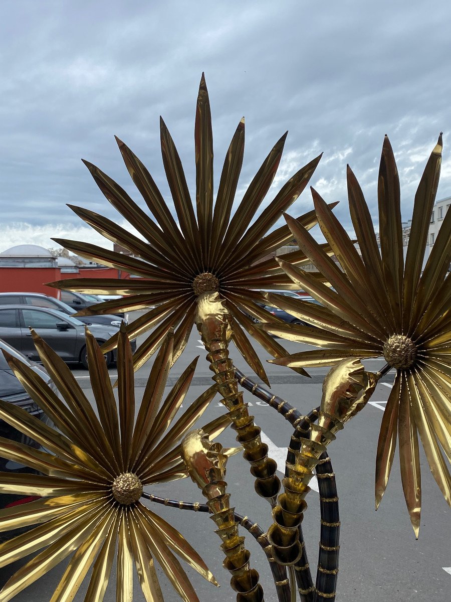 1970′ Yuka Palm Tree Floor Lamp In Brass/patinated Iron Maison Jansen 3 Heads Brutalist Style H 215-photo-3