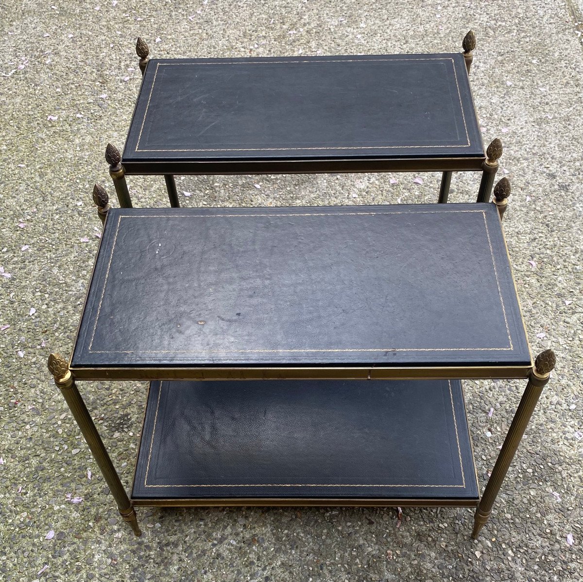 1970′ Pair Of Sofa Ends 2 Levels Maison Jansen Vintage Leather Trays 62 X 34 Xh 53 Cm