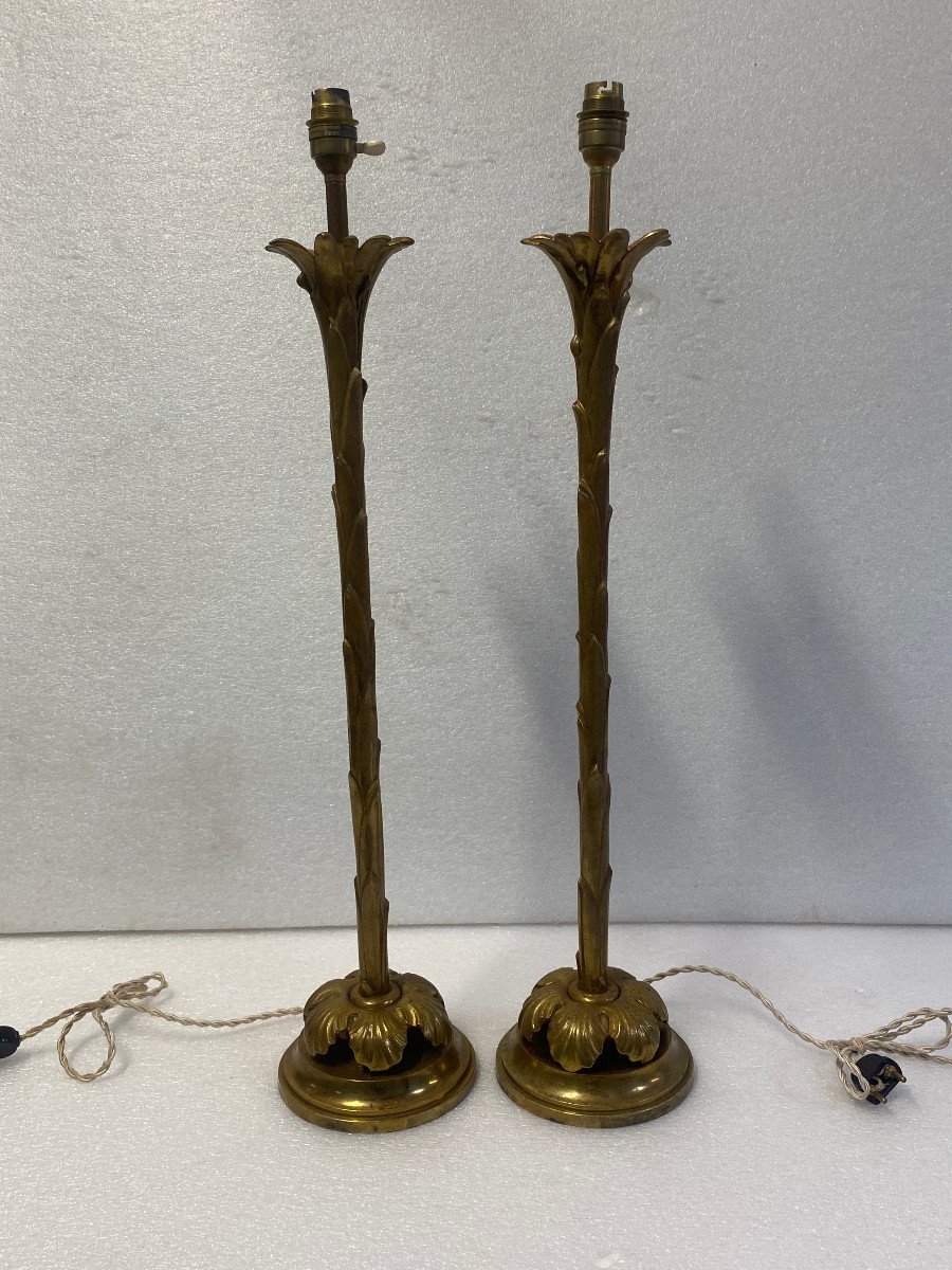 1970′ Paire De Lampes En Bronze Maison Bagués Decor Palmier H 68 ø 14 Cm-photo-8