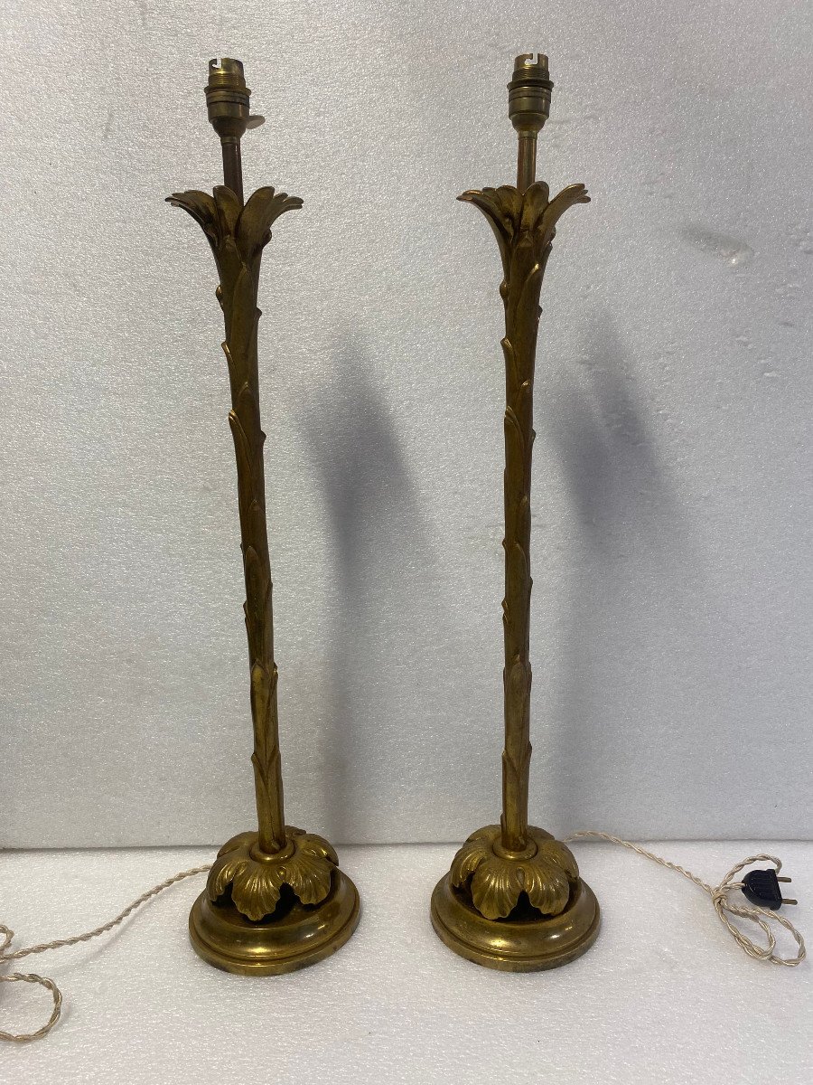 1970′ Paire De Lampes En Bronze Maison Bagués Decor Palmier H 68 ø 14 Cm