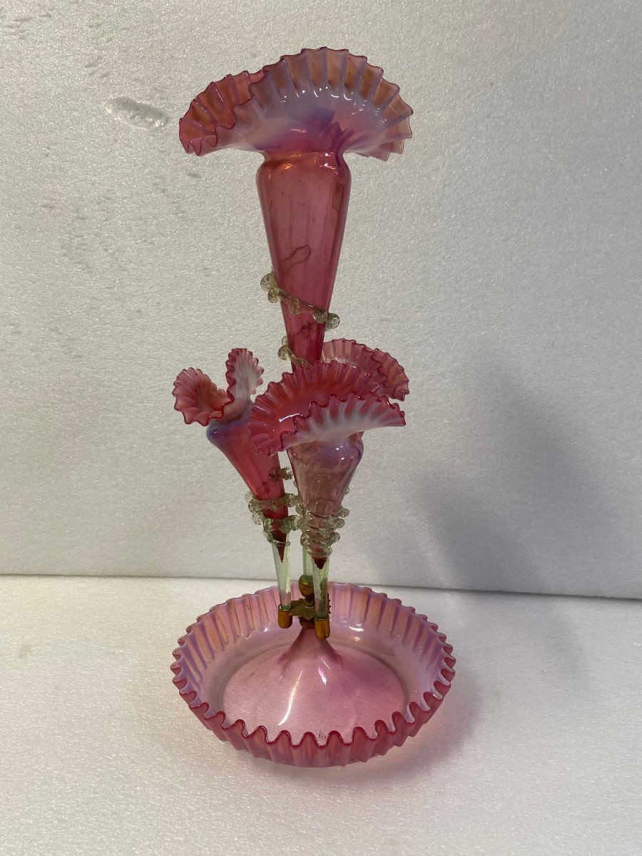 1880/1900 Bouquetiére En Verre Opalescent Avec 4 Cornets N3