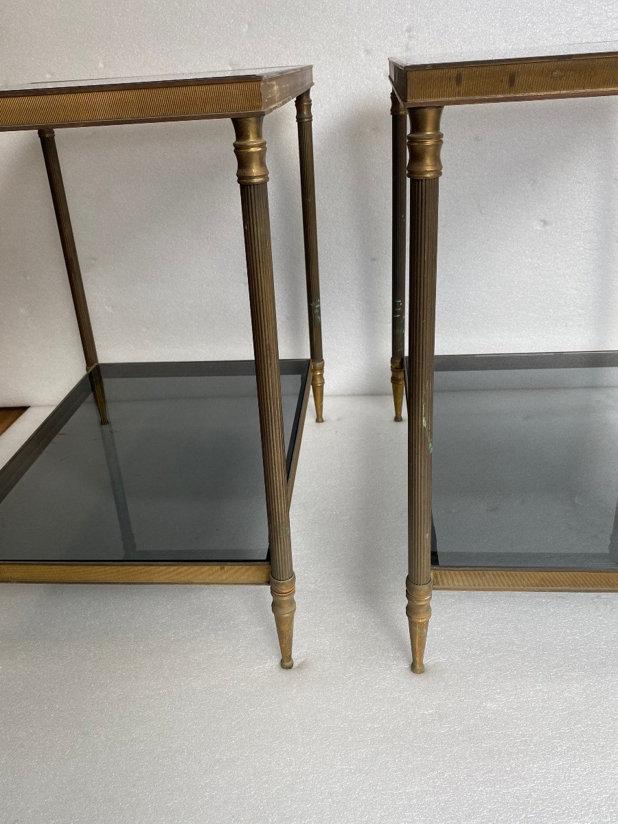 1950/70′ Paire De Bouts De Canapés  Laiton  Maison Jansen Plateaux Verre Fumé 56 X 40 X H 54 cm-photo-4