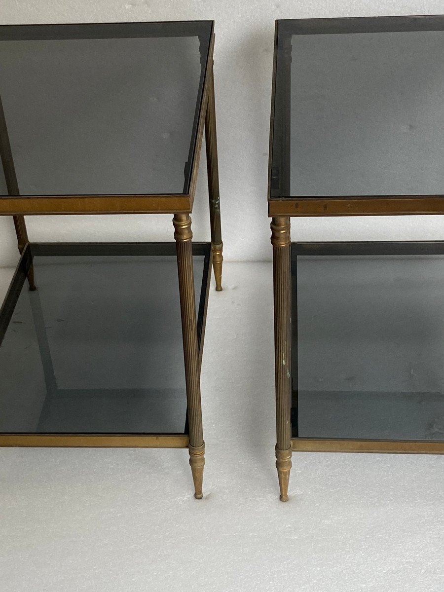 1950/70′ Paire De Bouts De Canapés  Laiton  Maison Jansen Plateaux Verre Fumé 56 X 40 X H 54 cm-photo-6