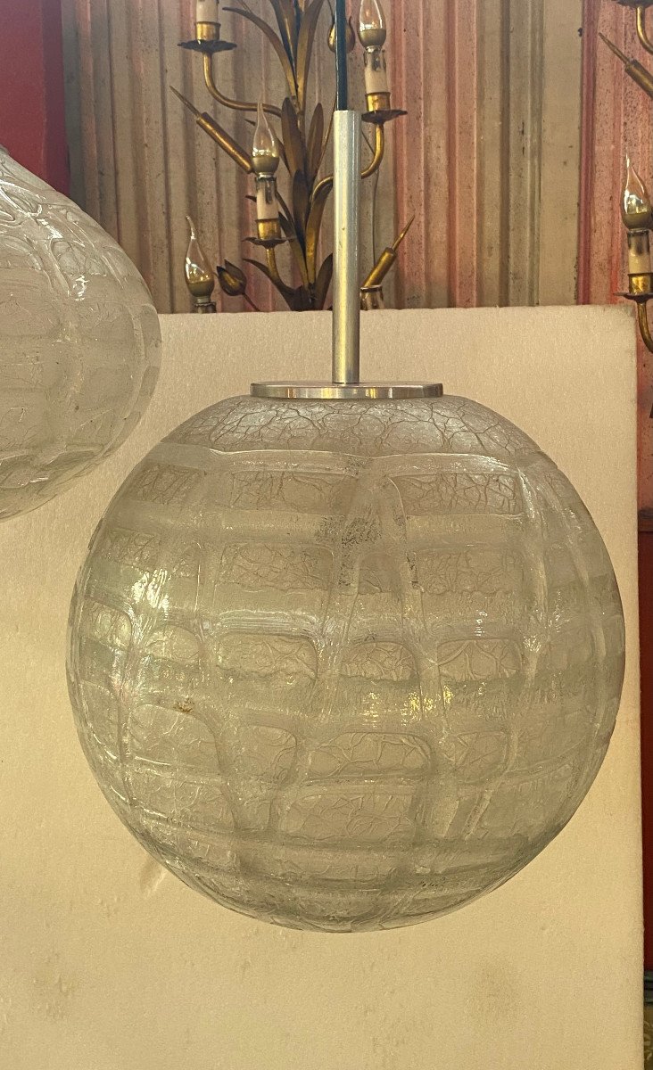 1970′ 2 Doria Leuchten Chandeliers Ball And Oval Blown Glass Design Venini Murano ø 33 Cm-photo-2