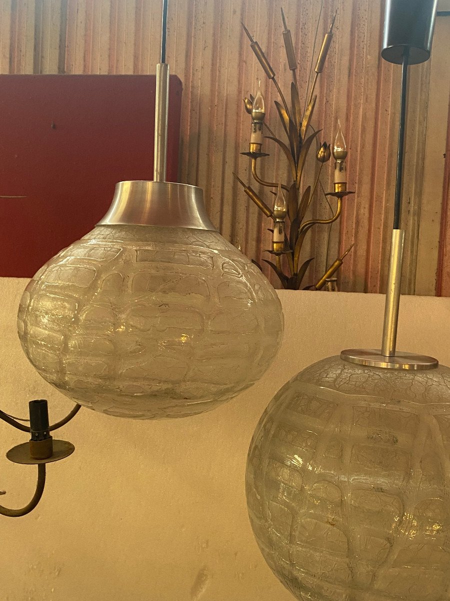 1970′ 2 Doria Leuchten Chandeliers Ball And Oval Blown Glass Design Venini Murano ø 33 Cm-photo-3