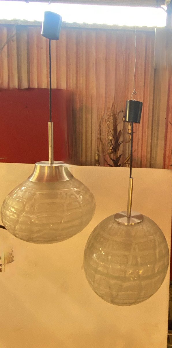 1970′ 2 Doria Leuchten Chandeliers Ball And Oval Blown Glass Design Venini Murano ø 33 Cm-photo-4