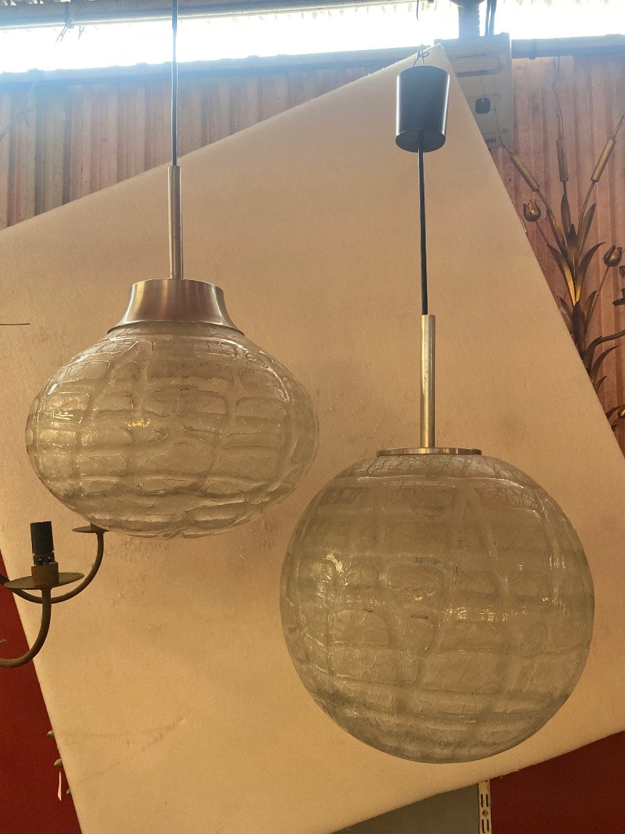 1970′ 2 Doria Leuchten Chandeliers Ball And Oval Blown Glass Design Venini Murano ø 33 Cm-photo-6