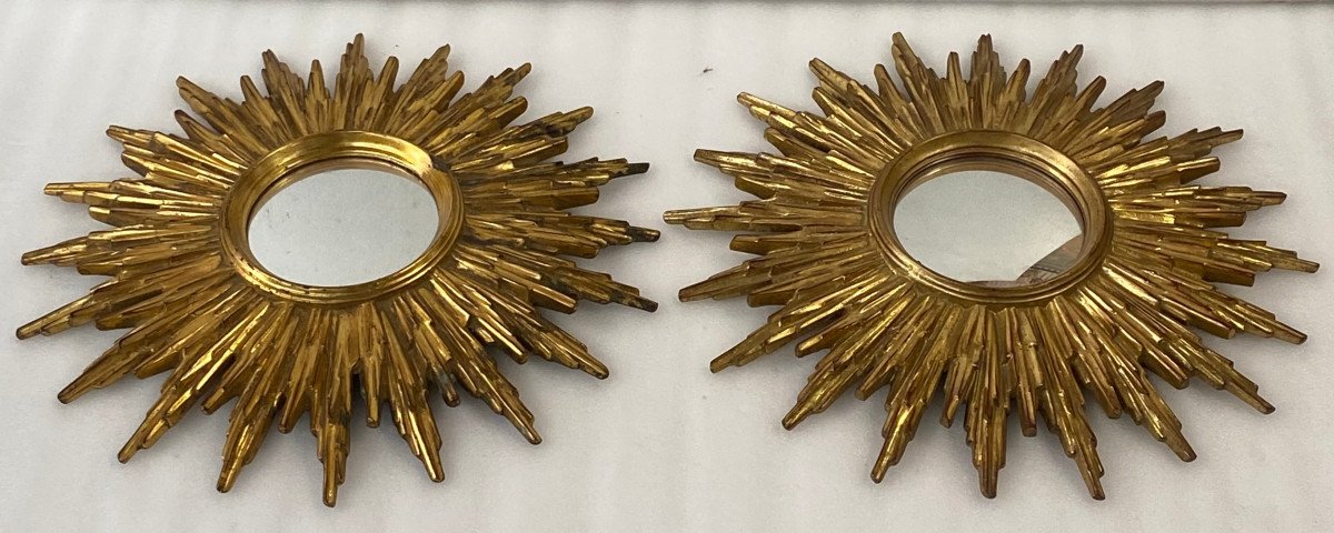 1970′ Pair Of Mirrors Or Similar Soleil Golden Resin ø 48 Cm