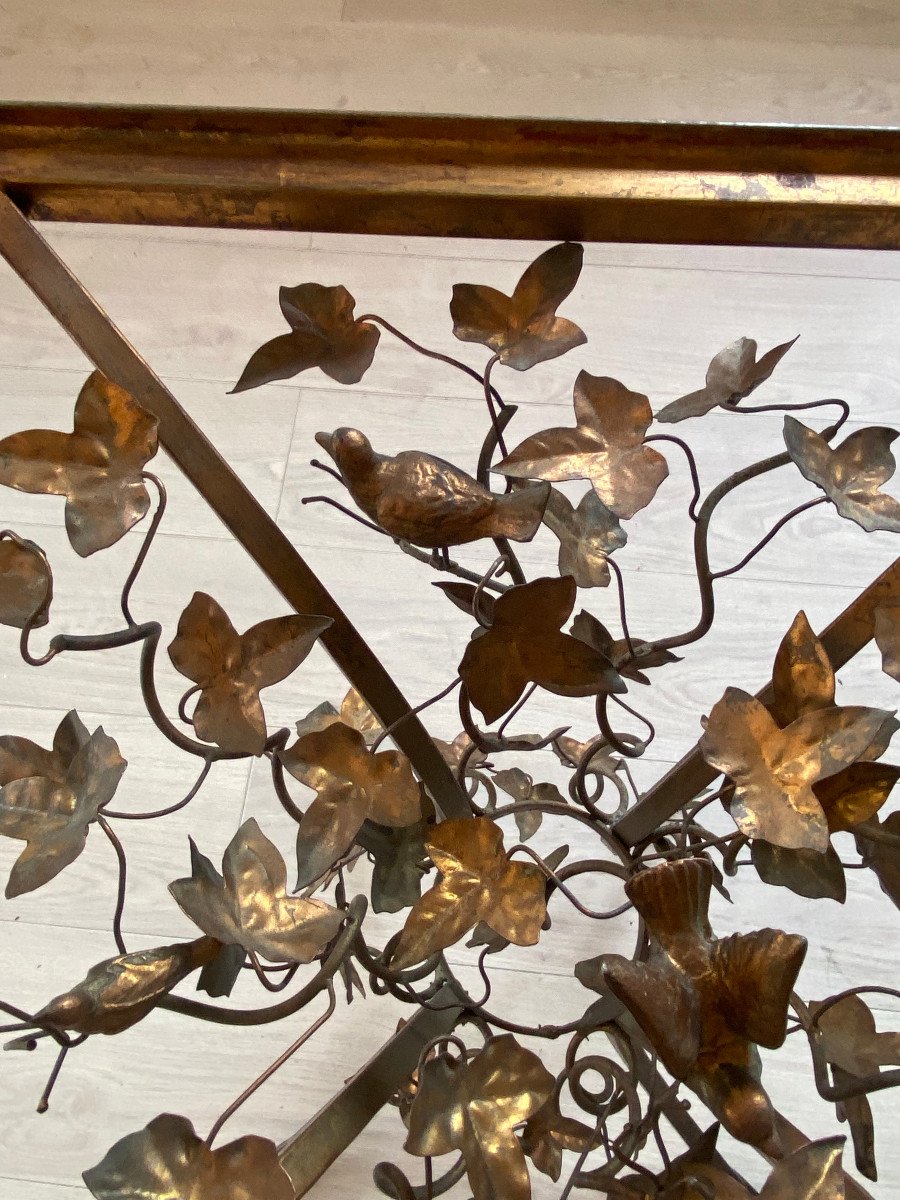 1970′ Pedestal Table In Patinated Iron With Plant Decor And Birds 525 X 525 Cm Height: 60 Cm-photo-3