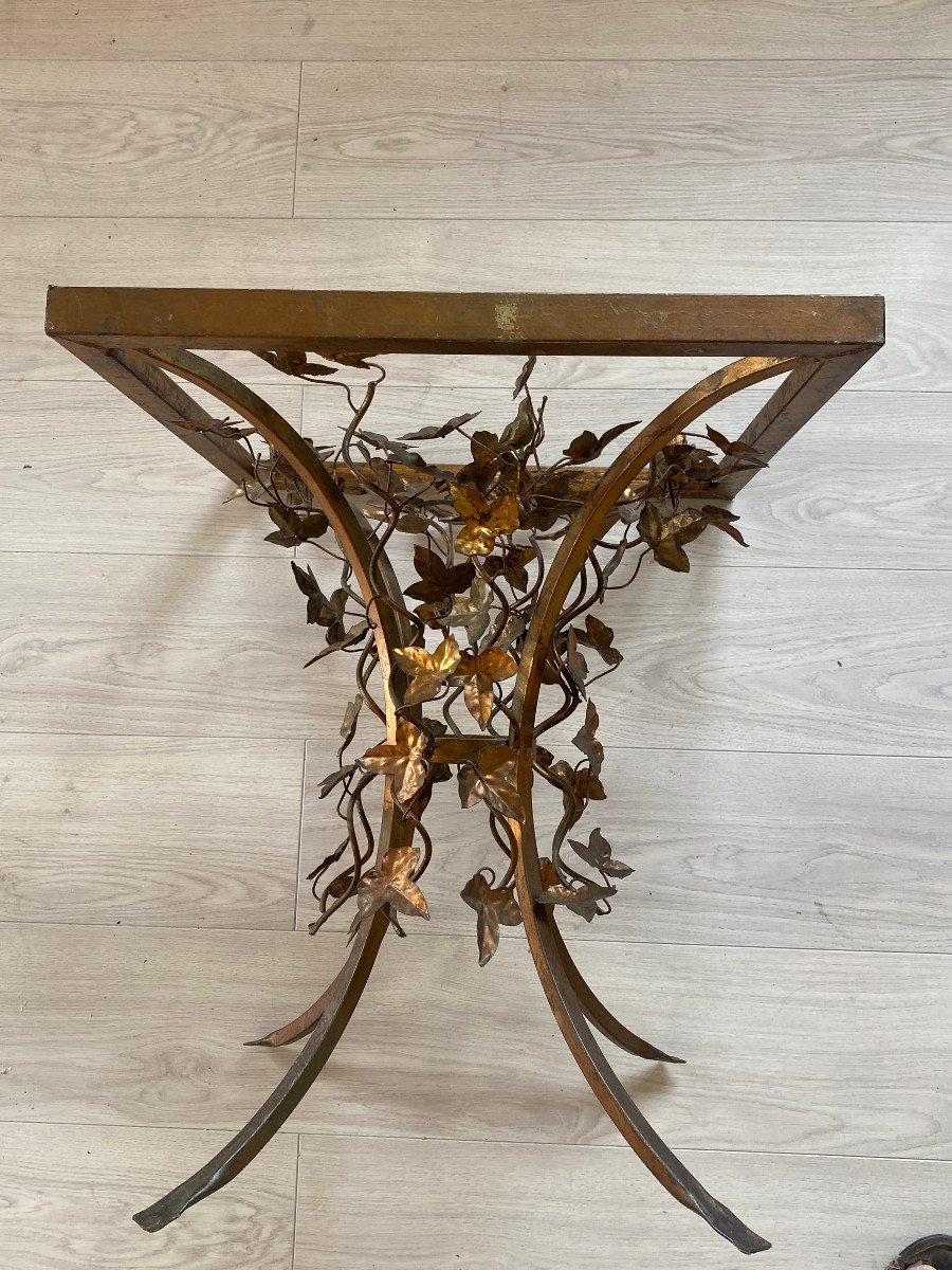 1970′ Pedestal Table In Patinated Iron With Plant Decor And Birds 525 X 525 Cm Height: 60 Cm-photo-7