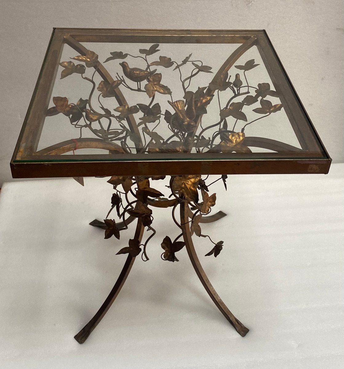 1970′ Pedestal Table In Patinated Iron With Plant Decor And Birds 525 X 525 Cm Height: 60 Cm-photo-8
