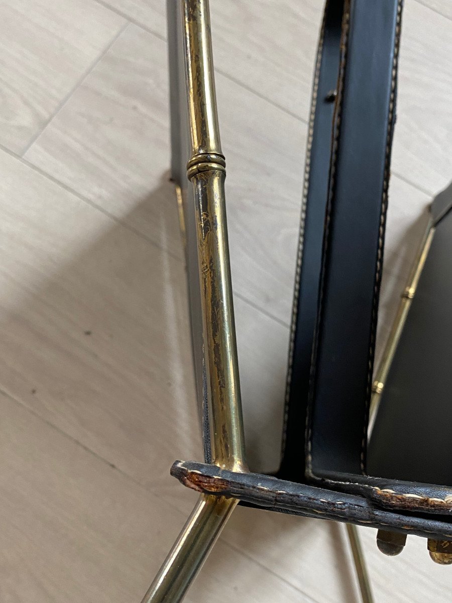 1950/70′ Jacques Adnet Magazine Holder Leather And Bronze Or Polished Brass-photo-7