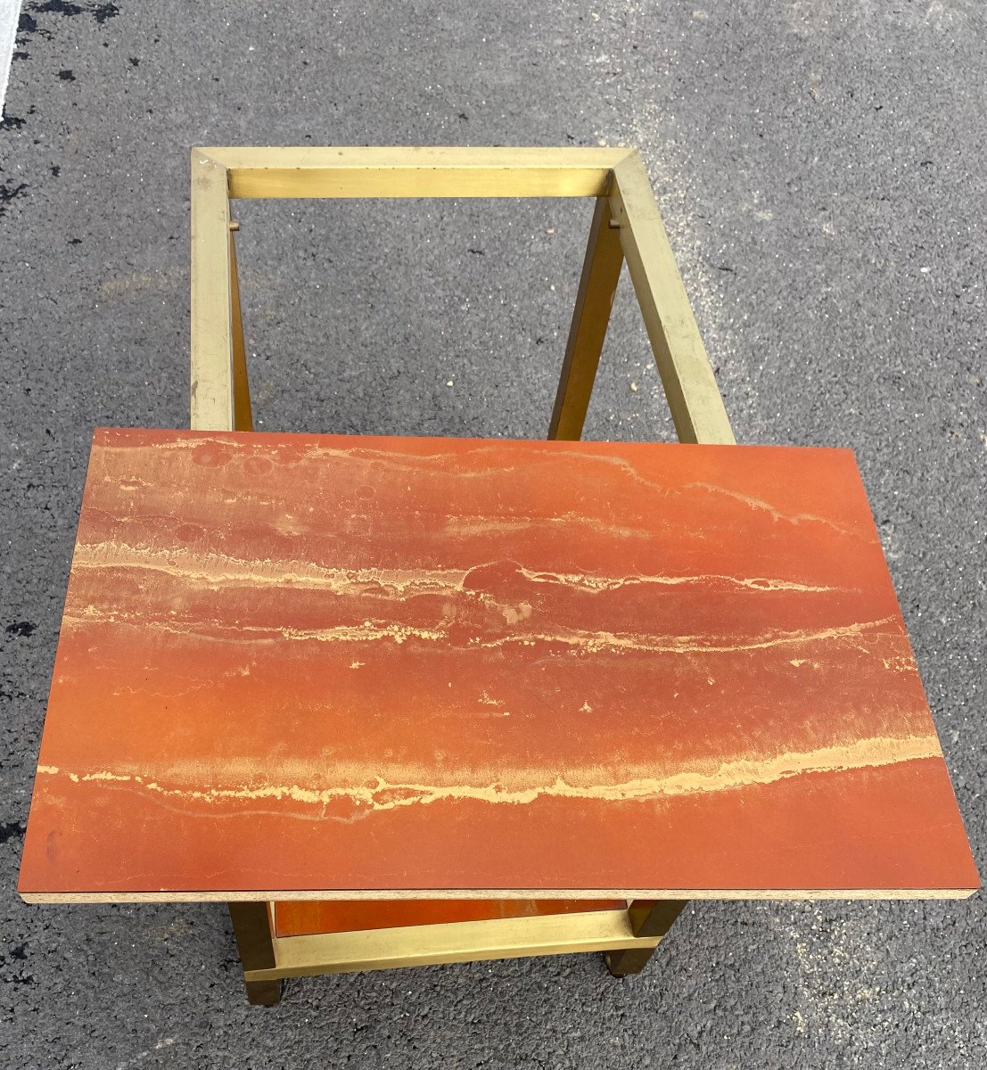 1970′ Maison Jansen 2-tier Rolling Serving Cart Orange And Gold Melamine Lacquer Trays-photo-5