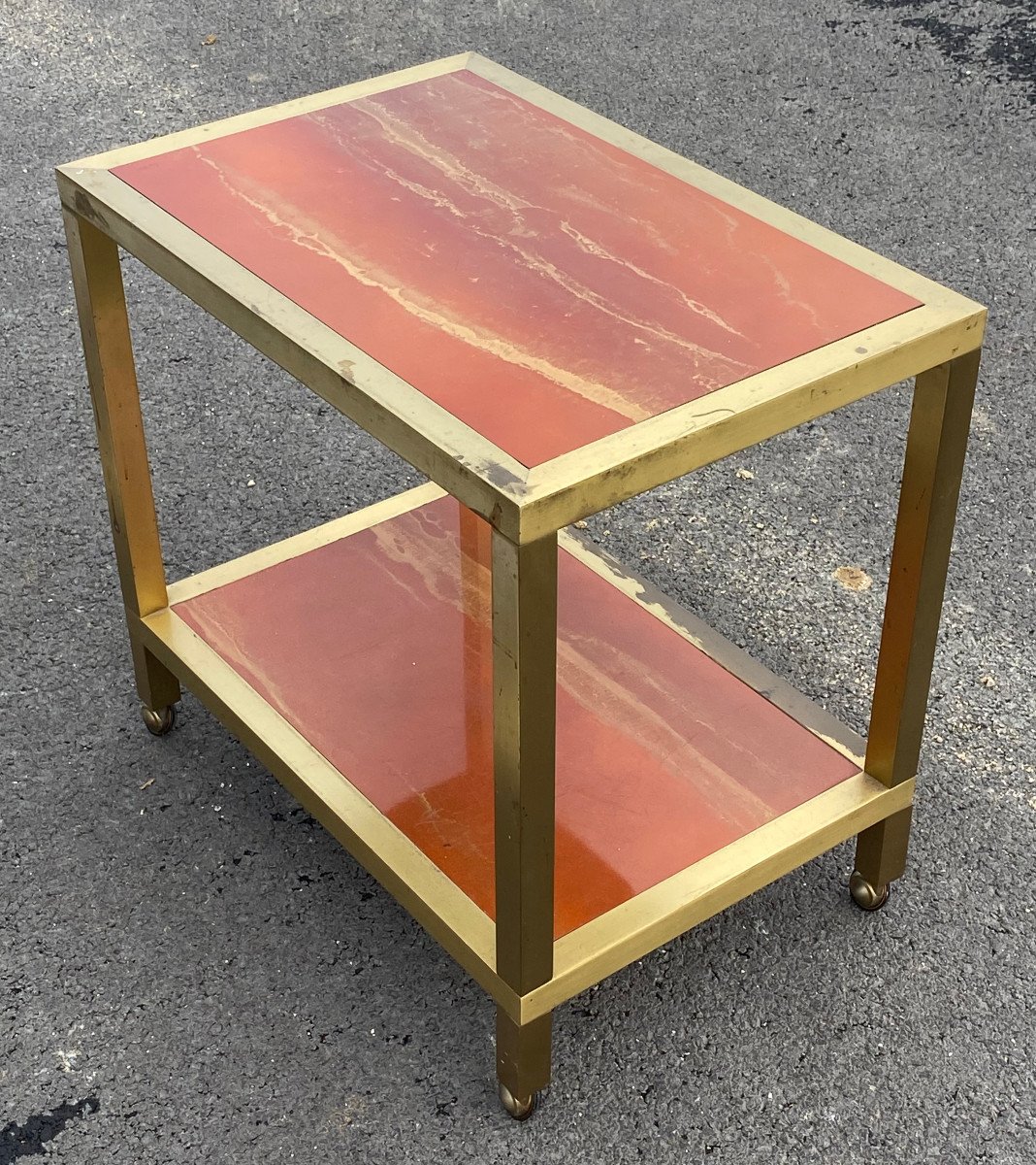 1970′ Maison Jansen 2-tier Rolling Serving Cart Orange And Gold Melamine Lacquer Trays