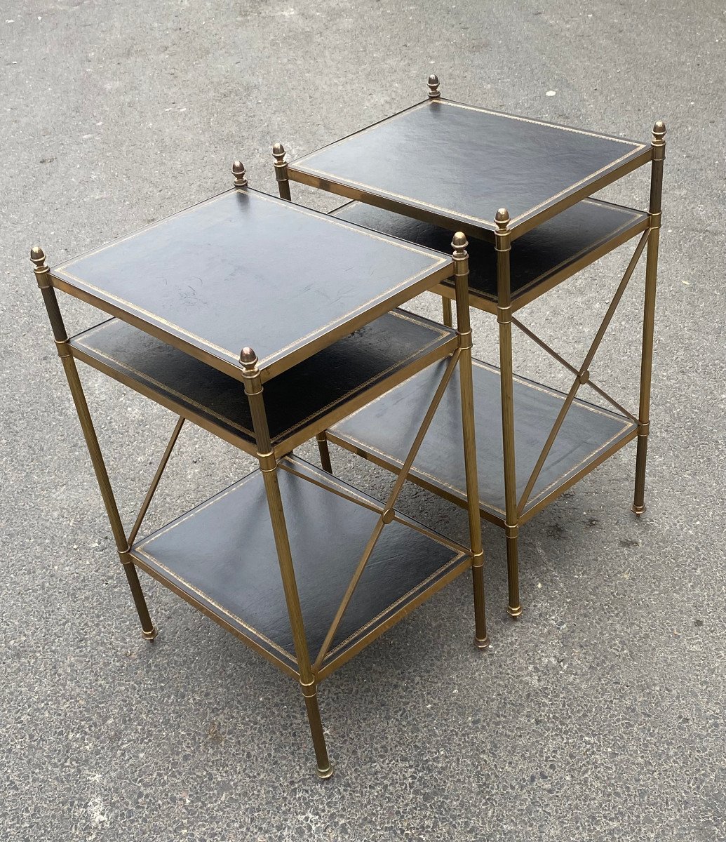 1950/70′ Pair Of 3-tier Brass Shelves Leather Maison Baguès With Crossbars 32 X40 Xh 63-photo-3