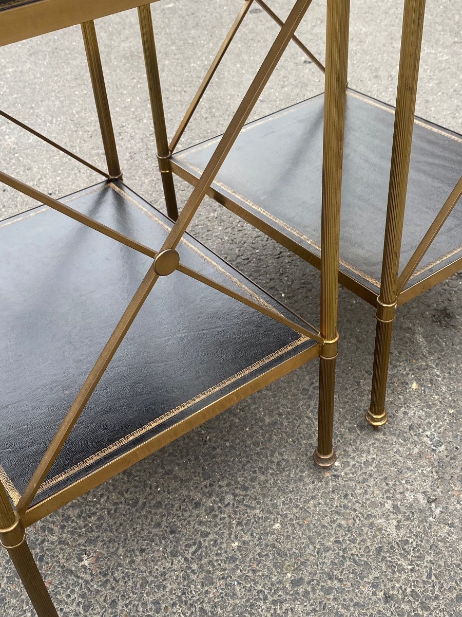 1950/70′ Pair Of 3-tier Brass Shelves Leather Maison Baguès With Crossbars 32 X40 Xh 63-photo-4