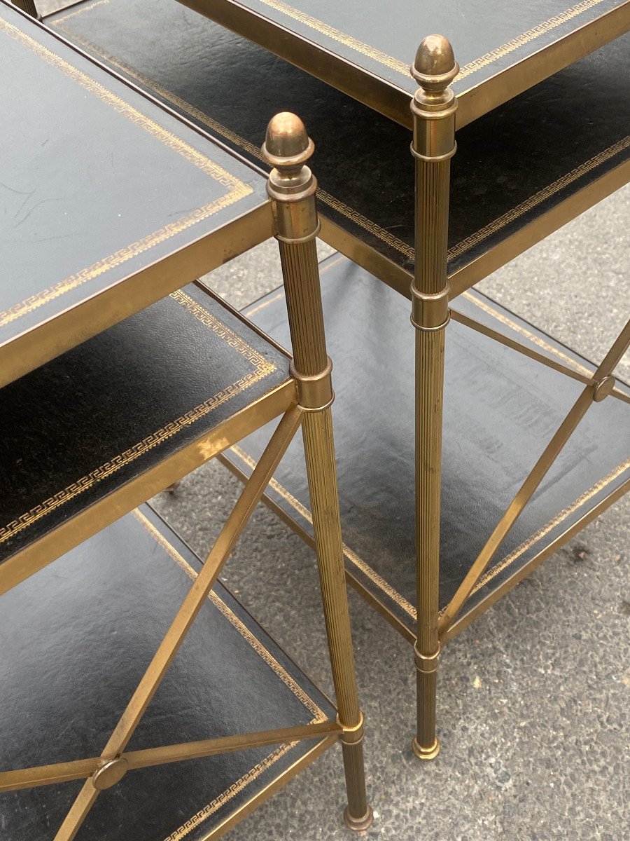 1950/70′ Pair Of 3-tier Brass Shelves Leather Maison Baguès With Crossbars 32 X40 Xh 63-photo-2