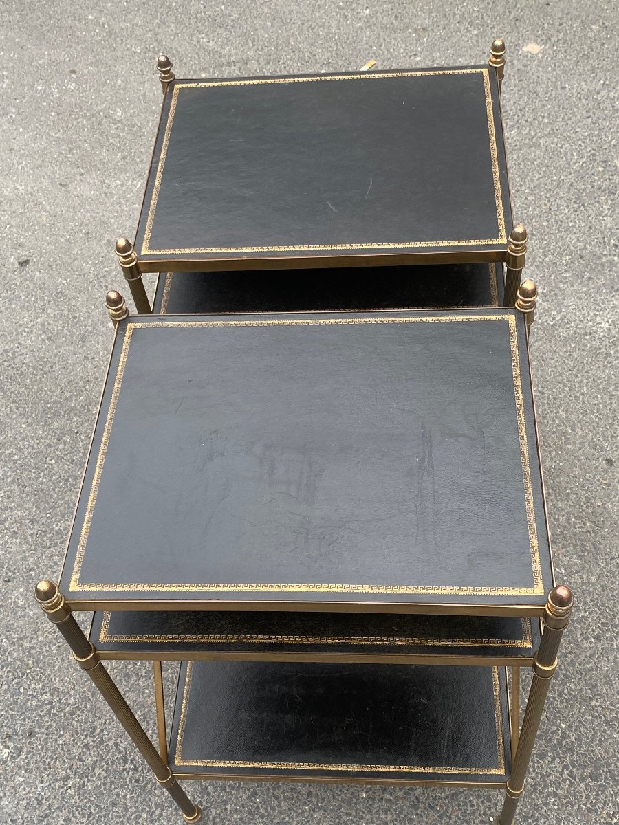 1950/70′ Pair Of 3-tier Brass Shelves Leather Maison Baguès With Crossbars 32 X40 Xh 63-photo-3