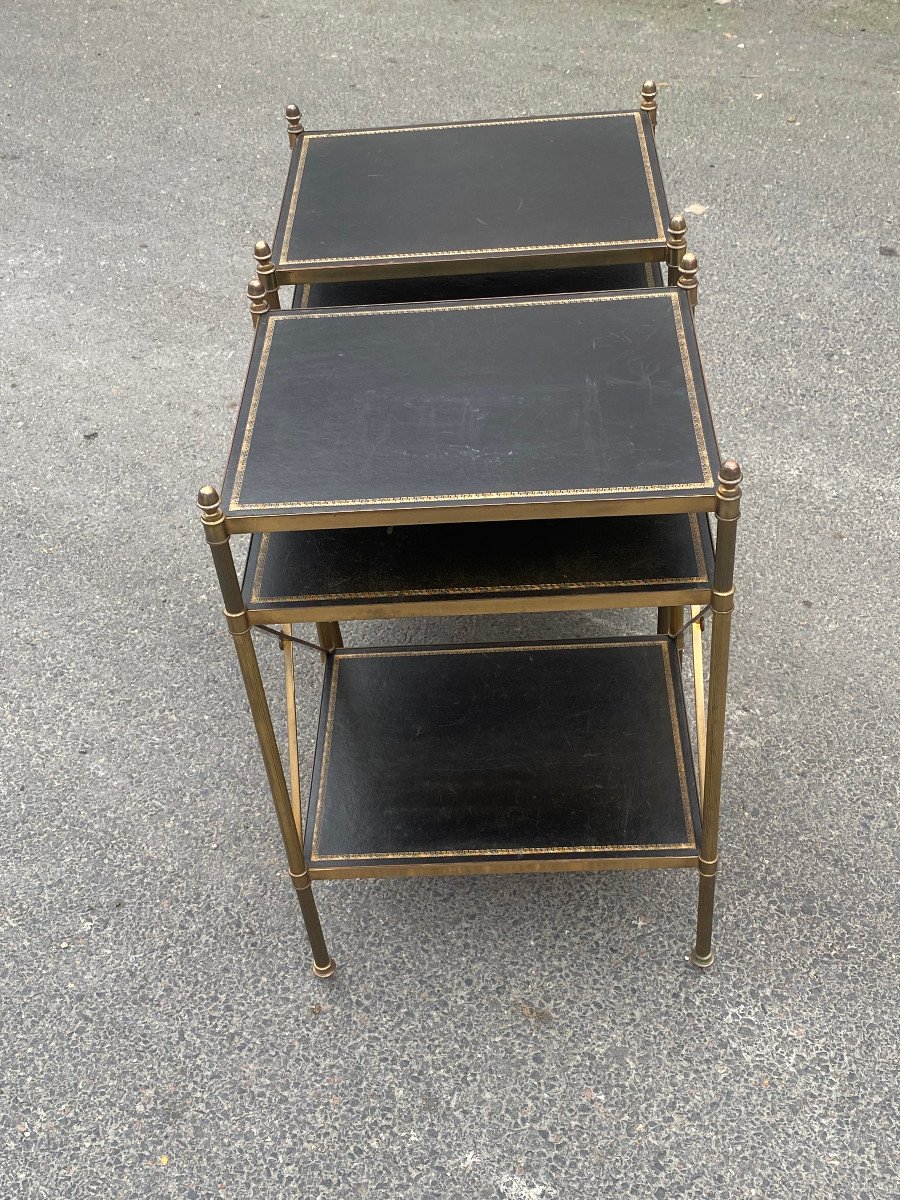 1950/70′ Pair Of 3-tier Brass Shelves Leather Maison Baguès With Crossbars 32 X40 Xh 63-photo-4