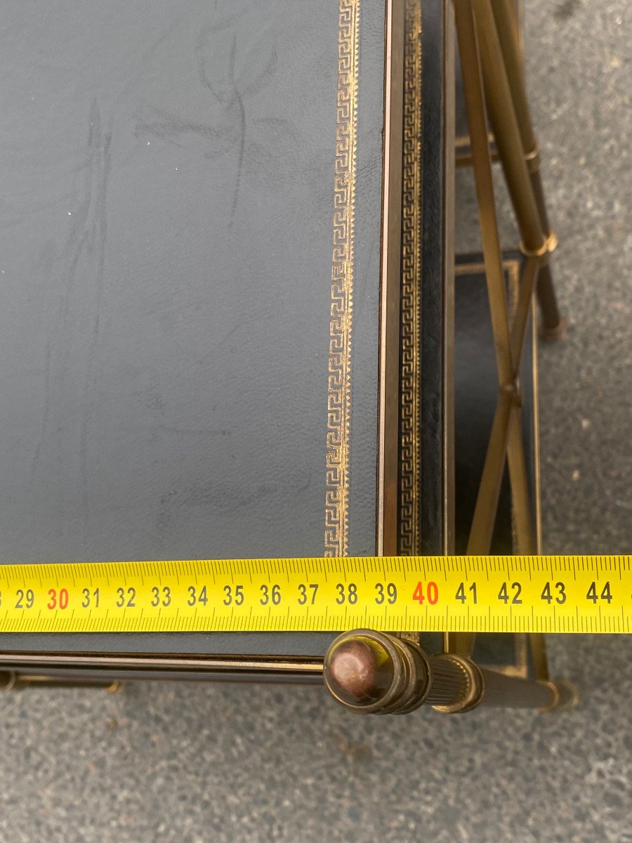 1950/70′ Pair Of 3-tier Brass Shelves Leather Maison Baguès With Crossbars 32 X40 Xh 63-photo-7