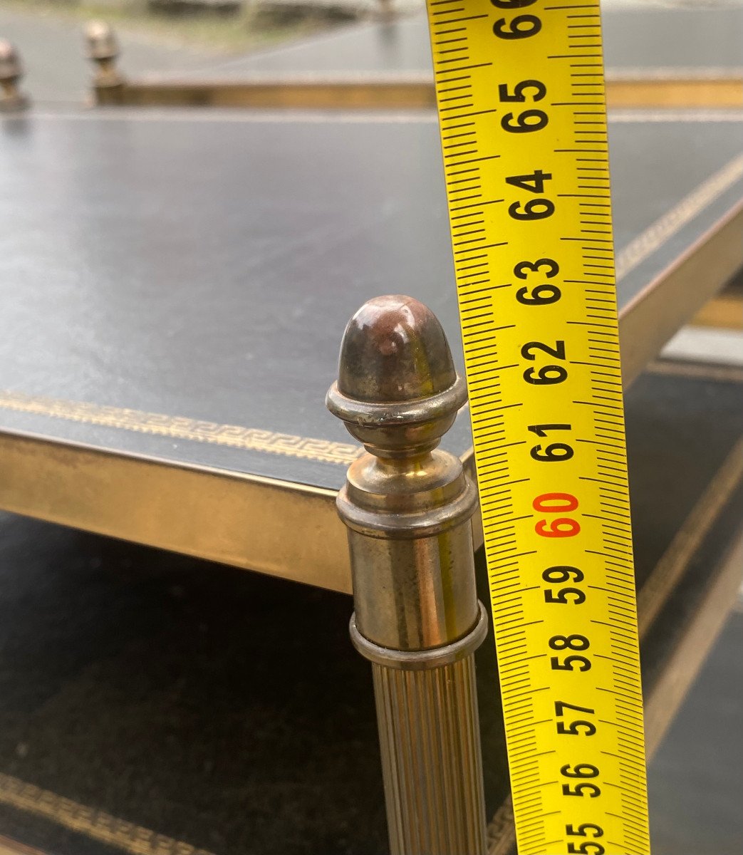 1950/70′ Pair Of 3-tier Brass Shelves Leather Maison Baguès With Crossbars 32 X40 Xh 63-photo-8