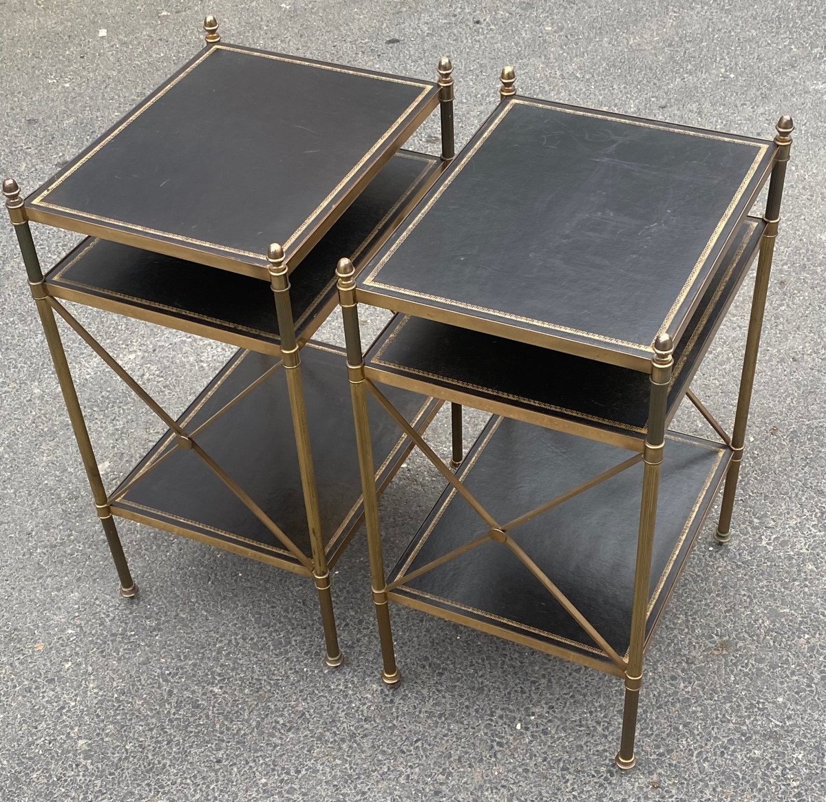 1950/70′ Pair Of 3-tier Brass Shelves Leather Maison Baguès With Crossbars 32 X40 Xh 63