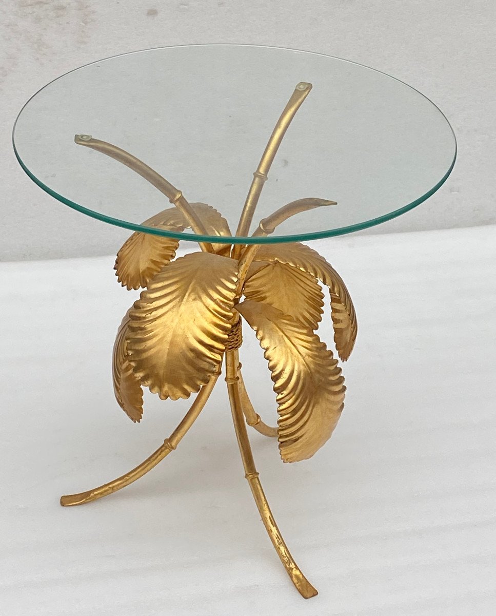1970′ Guéridon Tripode Décor Bambou En Fer Doré Par Hans Kogl ø 50 H 50 Cm-photo-2
