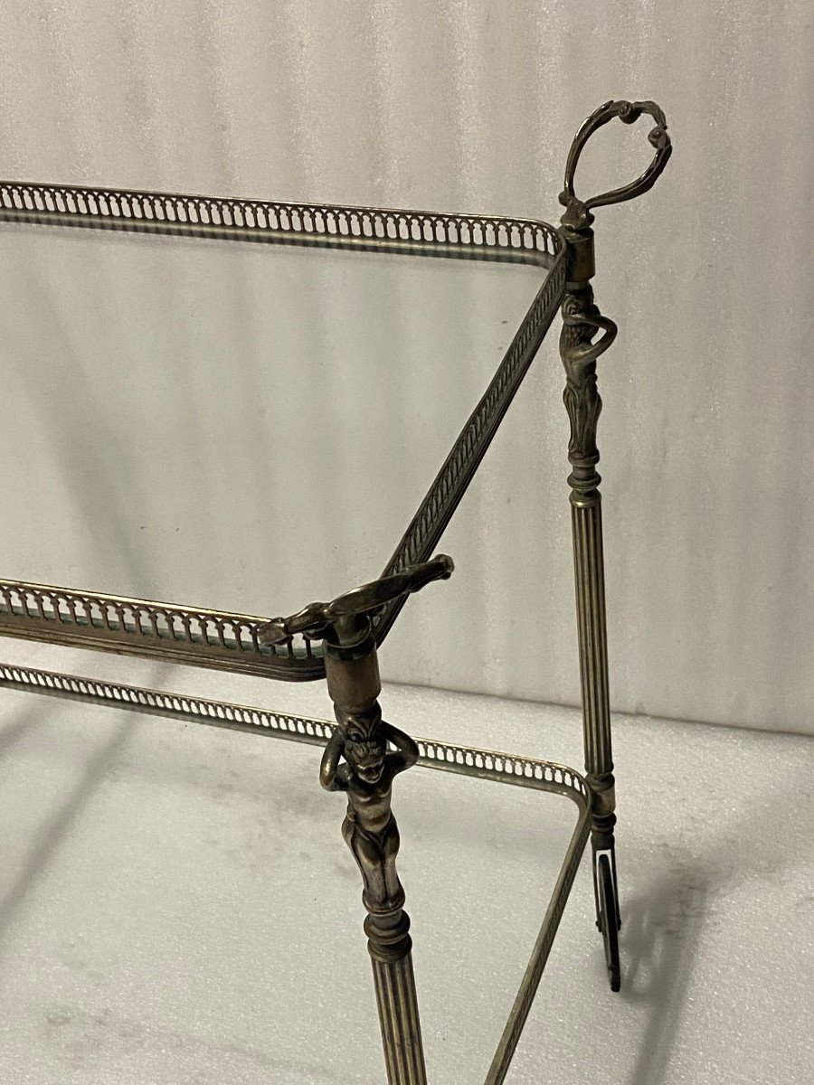 1970′ Maison Jansen Nickel Plated Bronze Rolling Bar Cherub Decor Fixed Trays-photo-3
