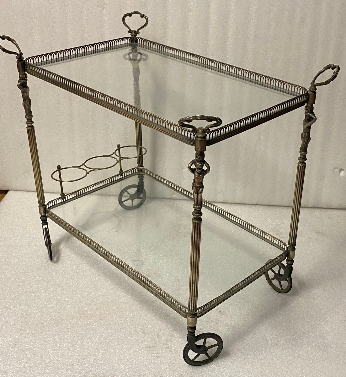 1970′ Maison Jansen Nickel Plated Bronze Rolling Bar Cherub Decor Fixed Trays