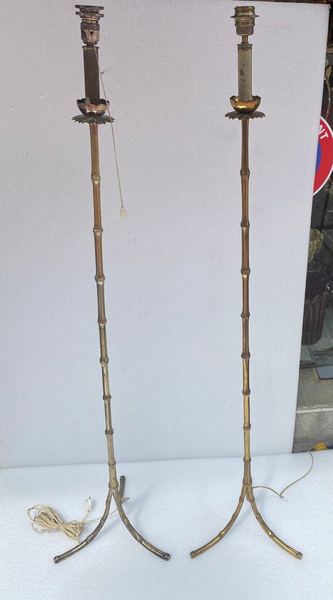 1970′ Series Of 4 Bronze Floor Lamps Maison Jansen Bamboo Model H 160 Cm-photo-2