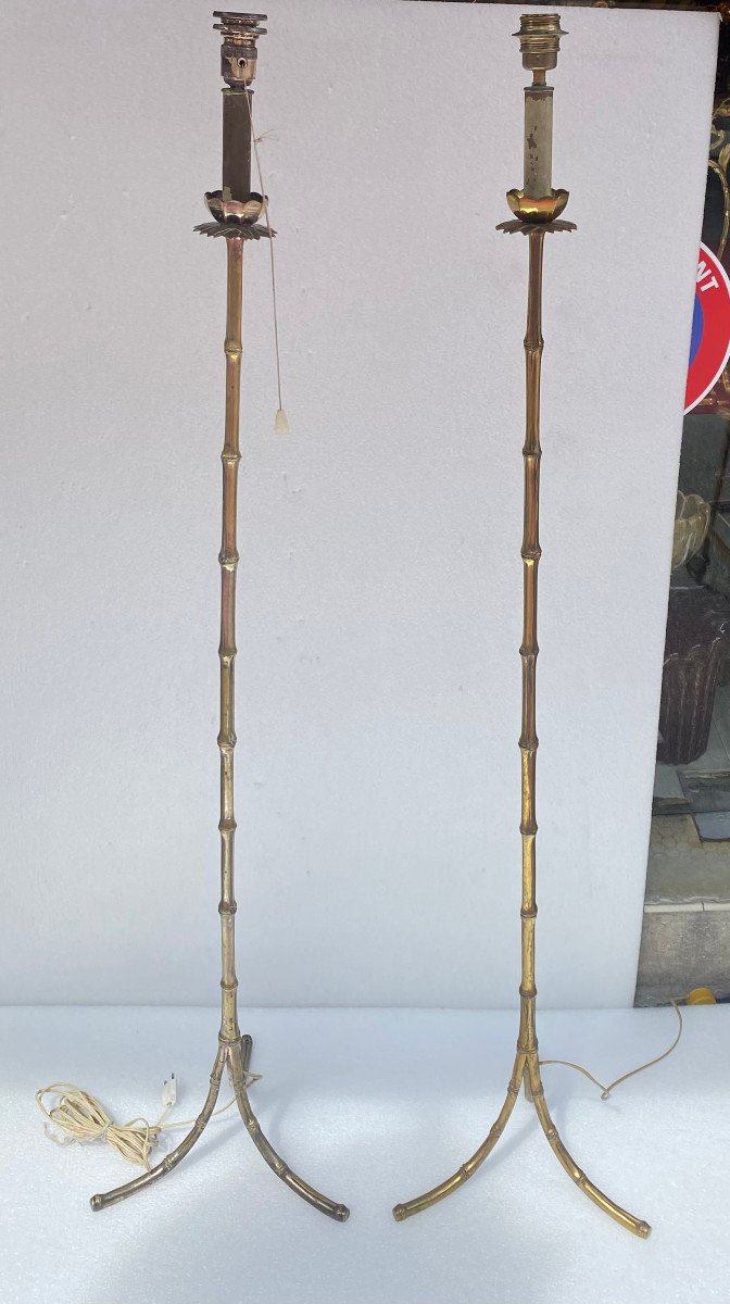 1970′ Series Of 4 Bronze Floor Lamps Maison Jansen Bamboo Model H 160 Cm-photo-1