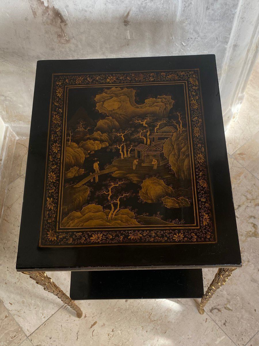 1950/70 ′ Maison Baguès Table Palm Tree Decor Gilt Bronze With Chinese Lacquer Trays 35 X 40 -photo-2