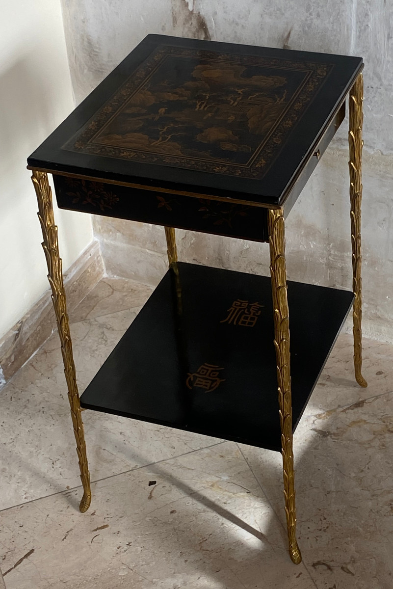 1950/70 ′ Maison Baguès Table Palm Tree Decor Gilt Bronze With Chinese Lacquer Trays 35 X 40 
