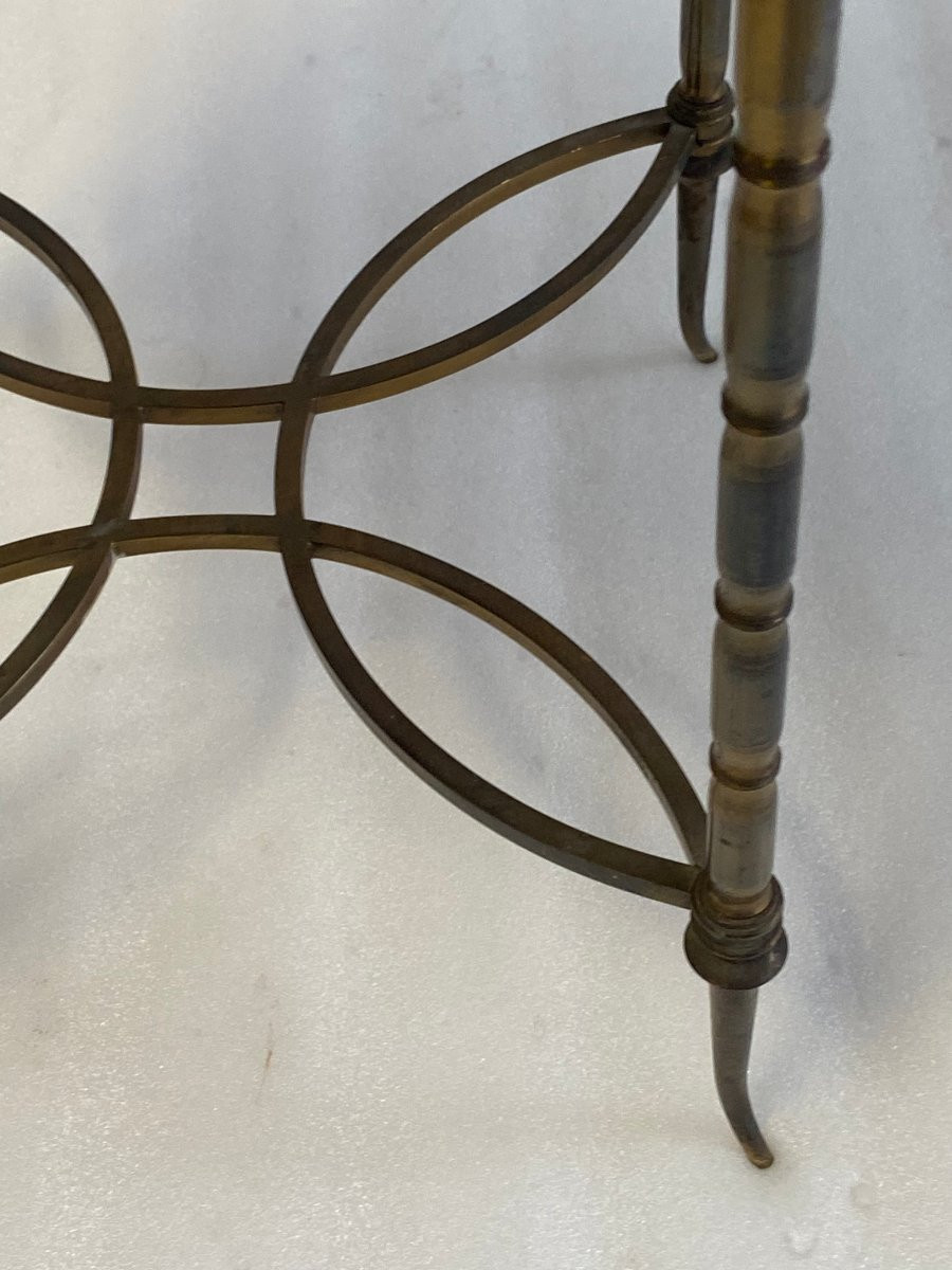 1950/70′ Bronze Coffee Table With Bamboo Decor, Red Chinese Lacquer Top, Maison Baguès Style, ø 40-photo-1