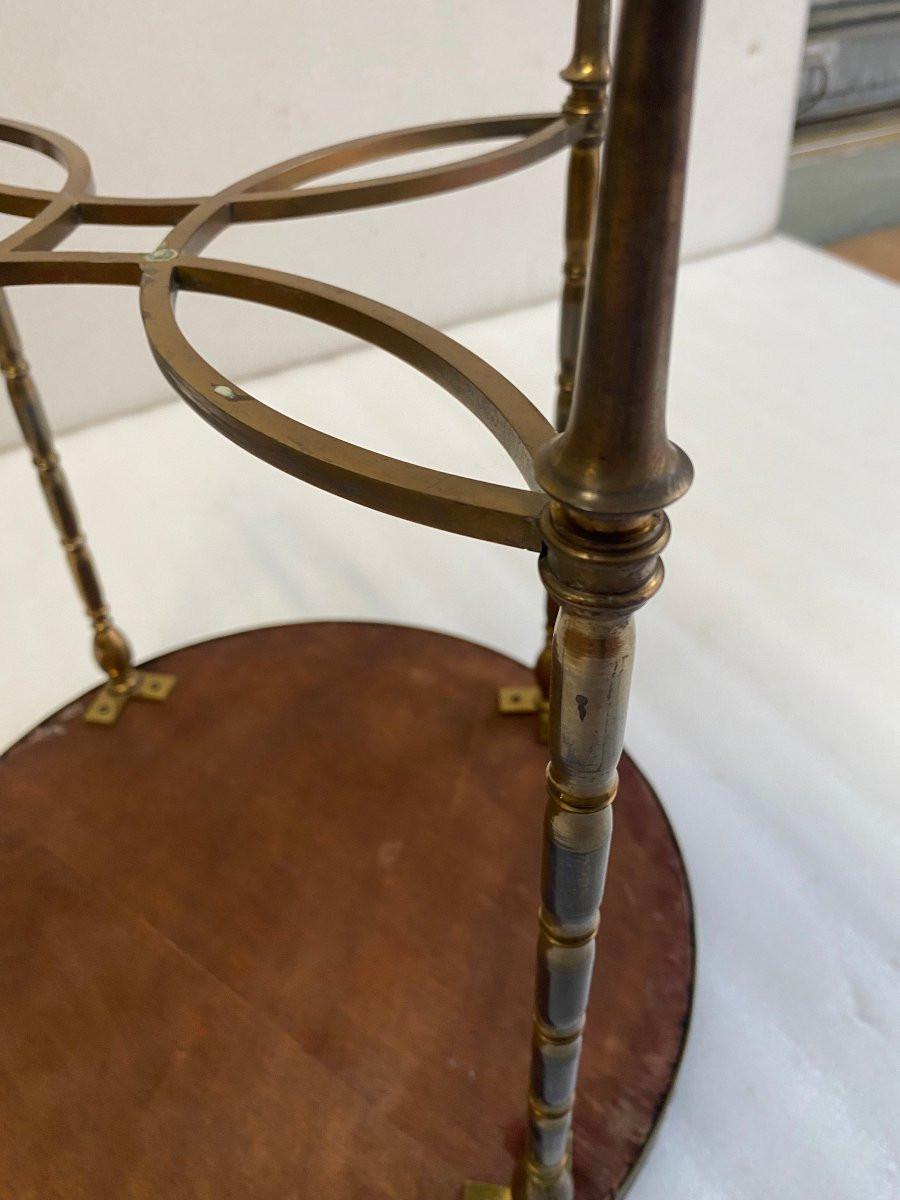 1950/70′ Bronze Coffee Table With Bamboo Decor, Red Chinese Lacquer Top, Maison Baguès Style, ø 40-photo-8